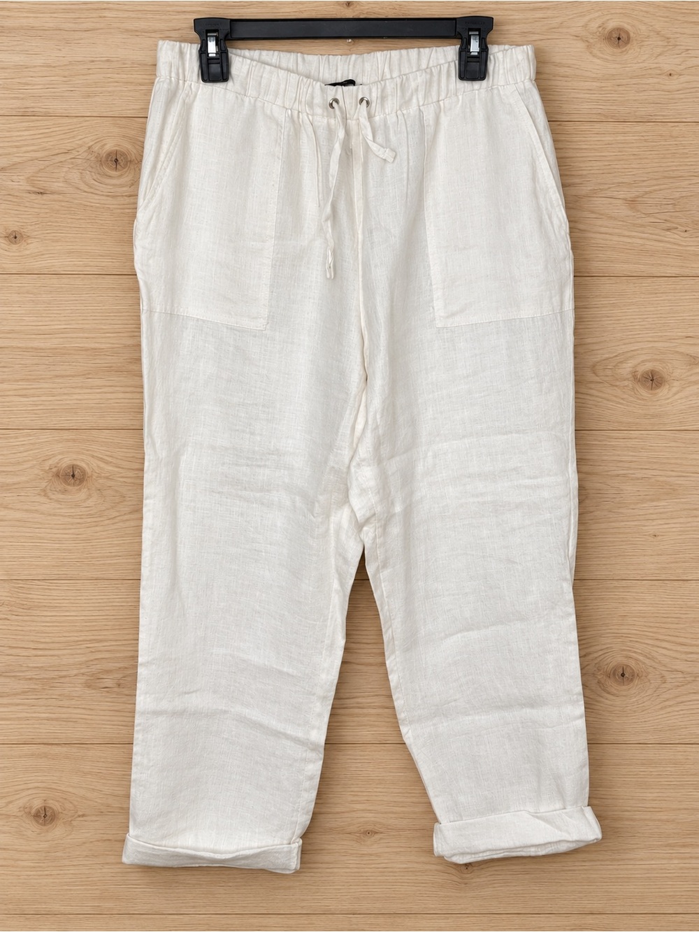 NWT Saks Fifth Ave Pull On White 100% Linen Drawstring Trouser  Size Large